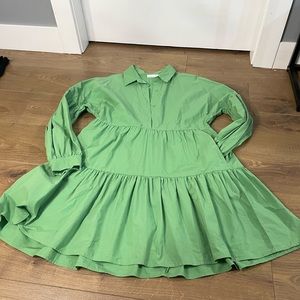 Oak + Fort Layered Long Sleeve Tiered Green Dress with Pockets Large